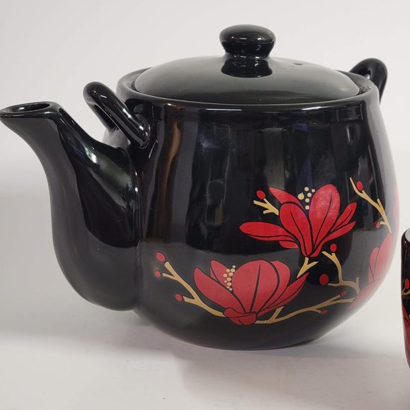 Black Teapot and Cup Set Red Flower Design Asian Missing Handle - Picture 2 of 14